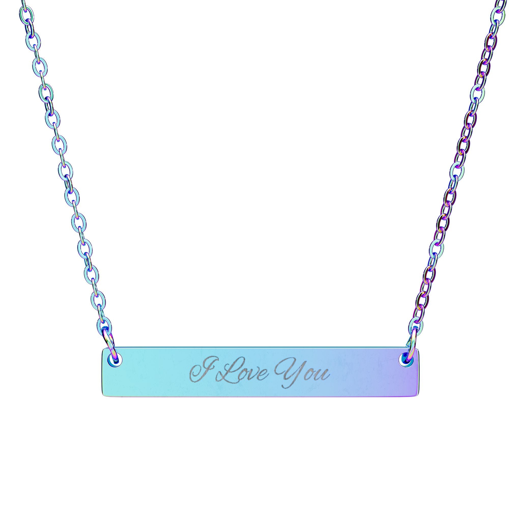Engraved Horizontal Bar Necklace — I Love You Pendant (Silver or Black)