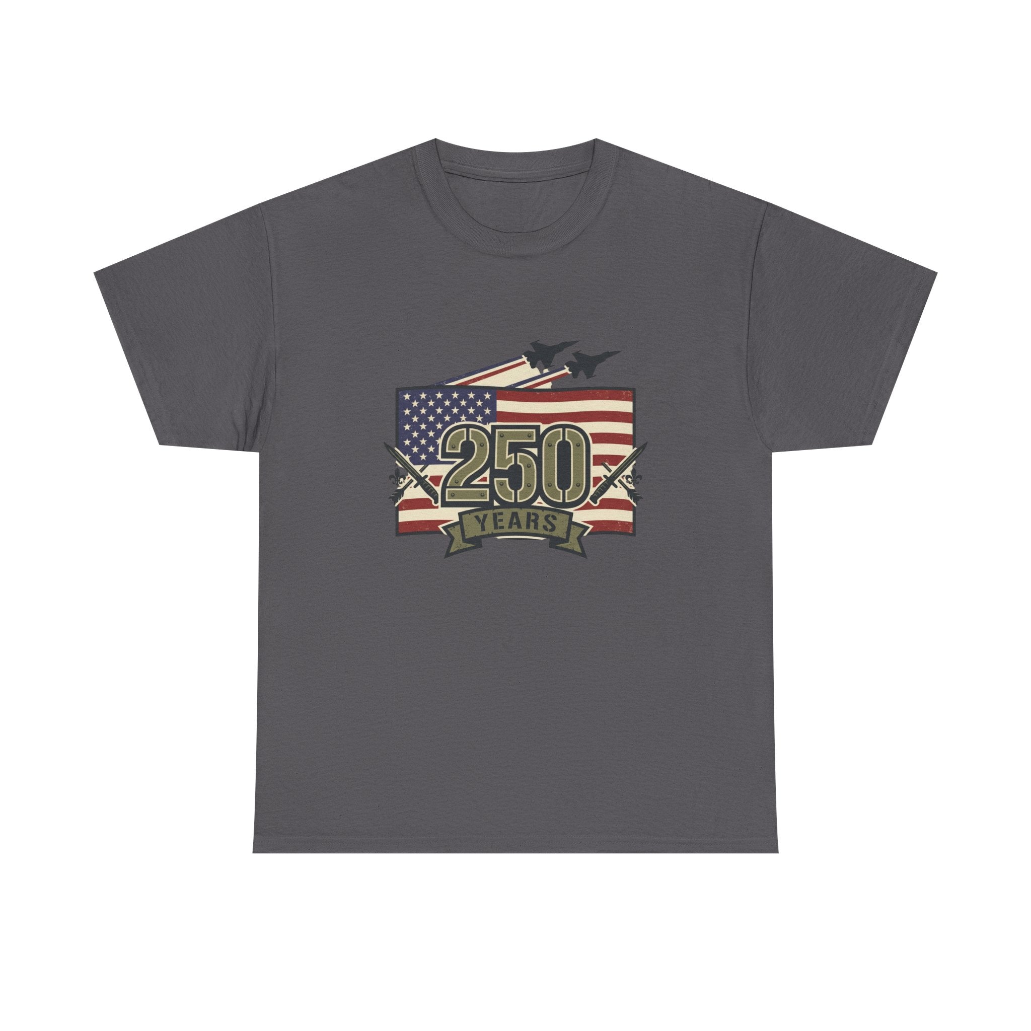 250 Years Patriotic Flag Tee — American Anniversary Military Jet Graphic T-Shirt