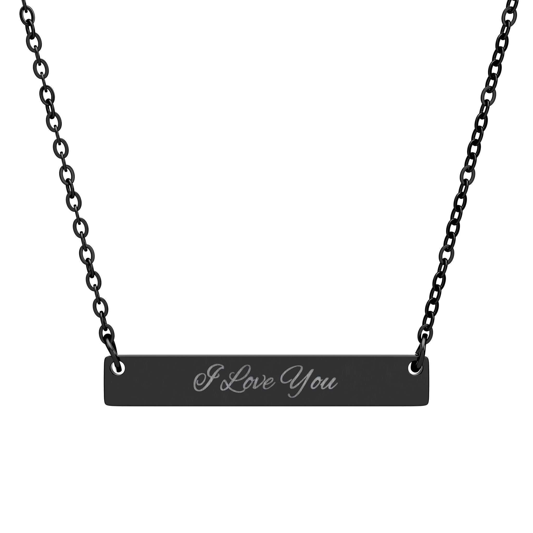 Engraved Horizontal Bar Necklace — I Love You Pendant (Silver or Black)
