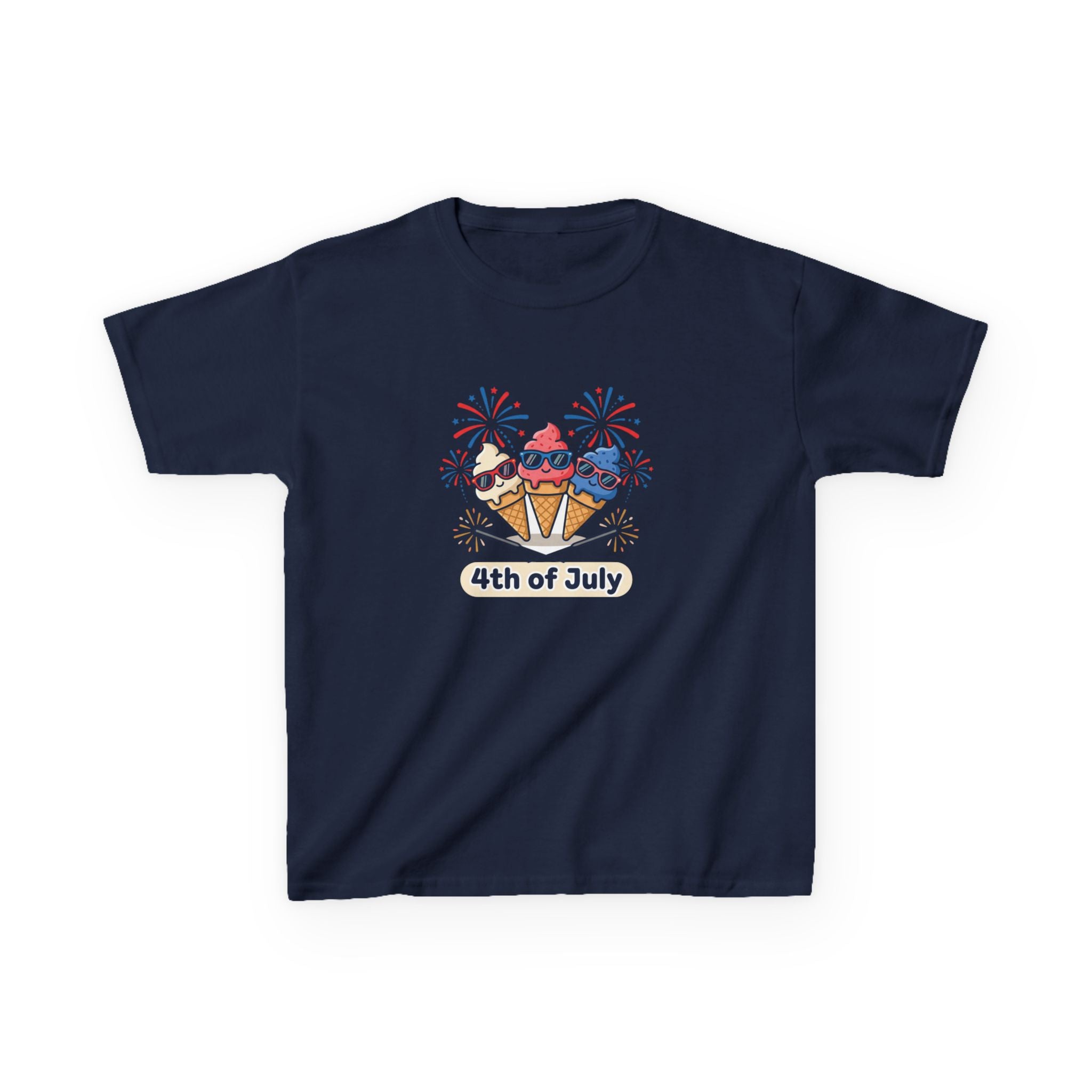 Kids 4th of July Ice Cream Cone T-Shirt — Patriotic Fireworks Summer Tee