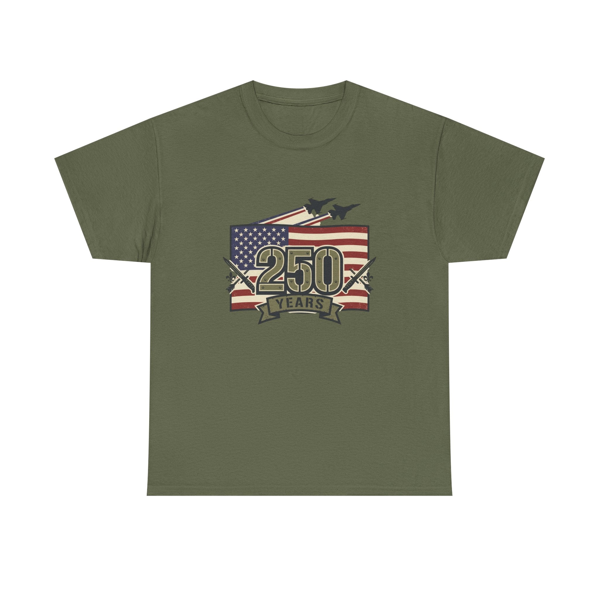 250 Years Patriotic Flag Tee — American Anniversary Military Jet Graphic T-Shirt