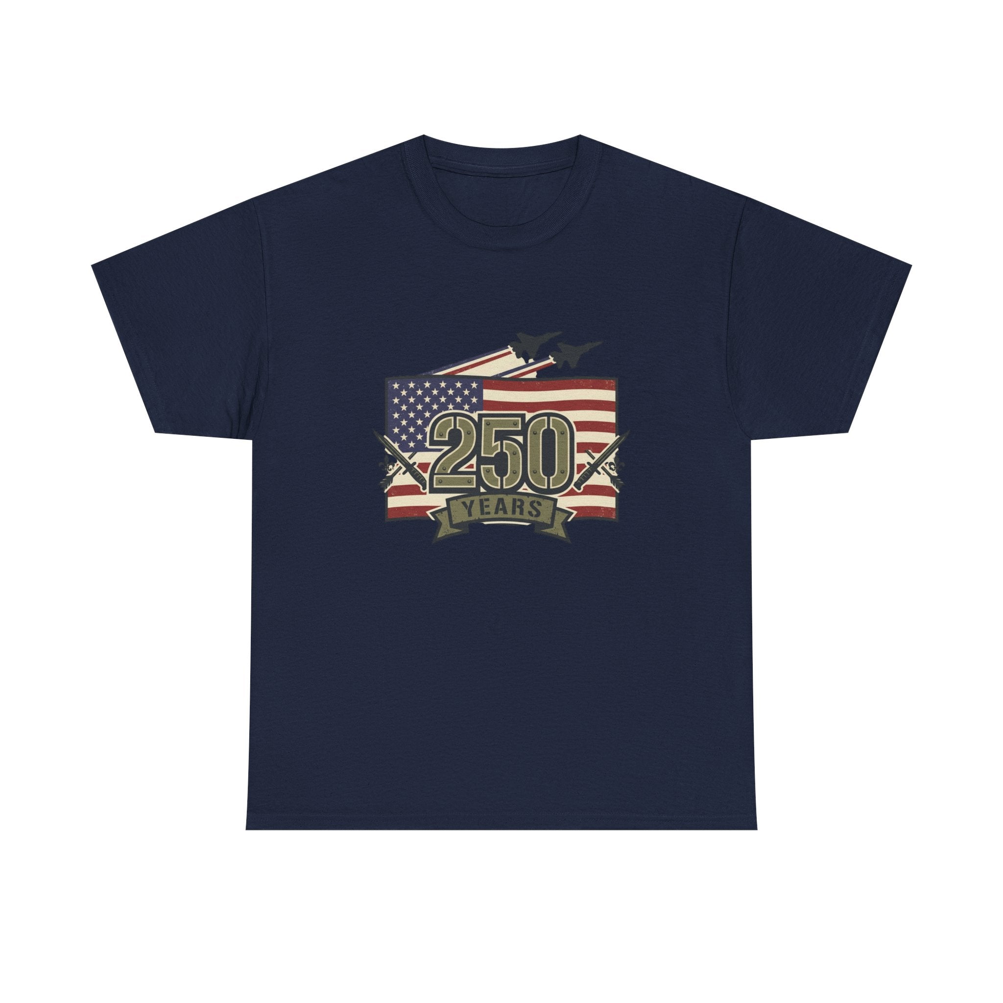 250 Years Patriotic Flag Tee — American Anniversary Military Jet Graphic T-Shirt