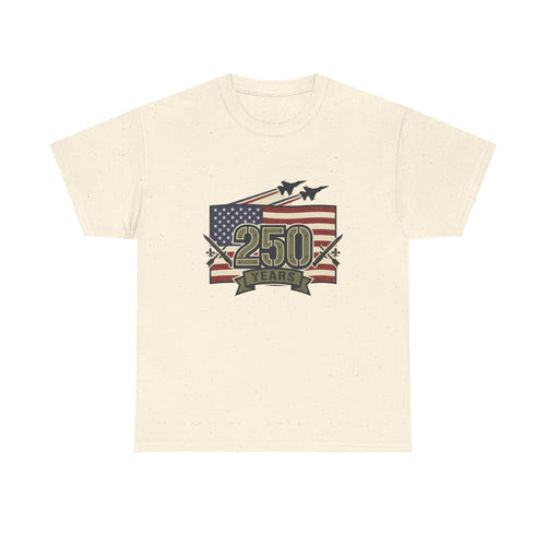 250 Years Patriotic Flag Tee — American Anniversary Military Jet Graphic T-Shirt